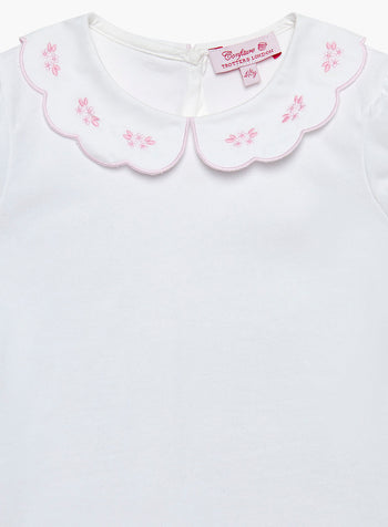 Ava Embroidered Petal Jersey Top in White/Pink