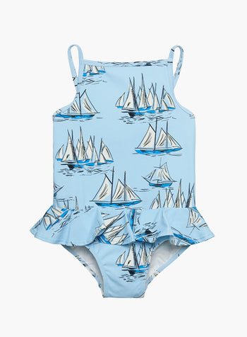 Peplum Swimsuit in Blue Sailboat
