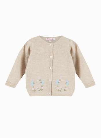 Little Emily Embroidered Cardigan in Oatmeal