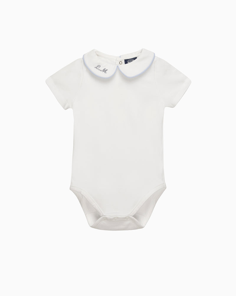 Baby Short-Sleeved Milo Bodysuit in White/Blue