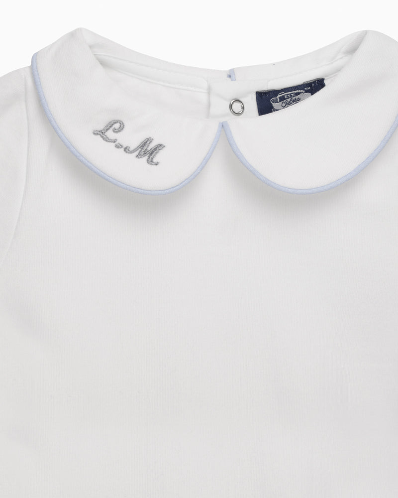 Baby Short-Sleeved Milo Bodysuit in White/Blue