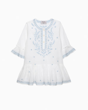 Embroidered Kaftan in White/Blue