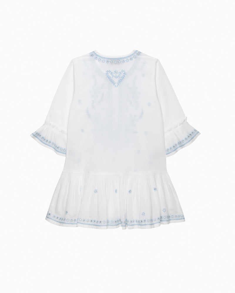 Embroidered Kaftan in White/Blue