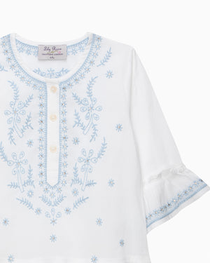 Embroidered Kaftan in White/Blue