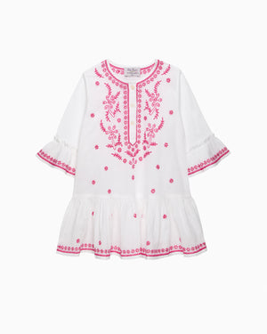 Embroidered Kaftan in White/Fuchsia