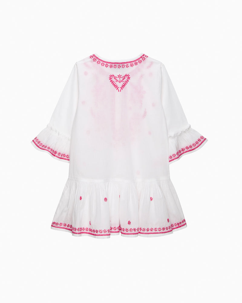 Embroidered Kaftan in White/Fuchsia