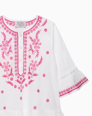 Embroidered Kaftan in White/Fuchsia