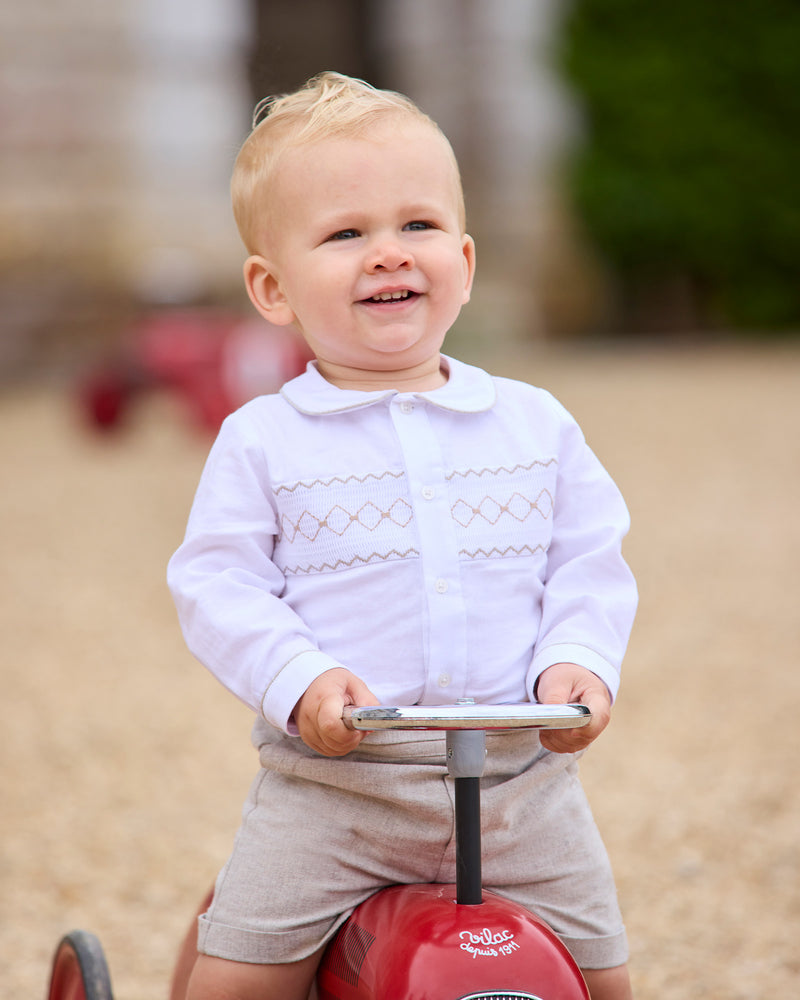 The Rupert Smocked Set in White/Oatmeal Flannel
