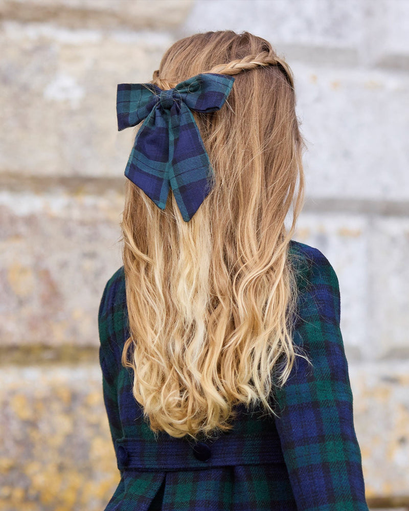 Long Bow Hair Clip in Navy/Green Plaid