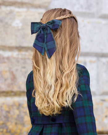 Long Bow Hair Clip in Navy/Green Plaid