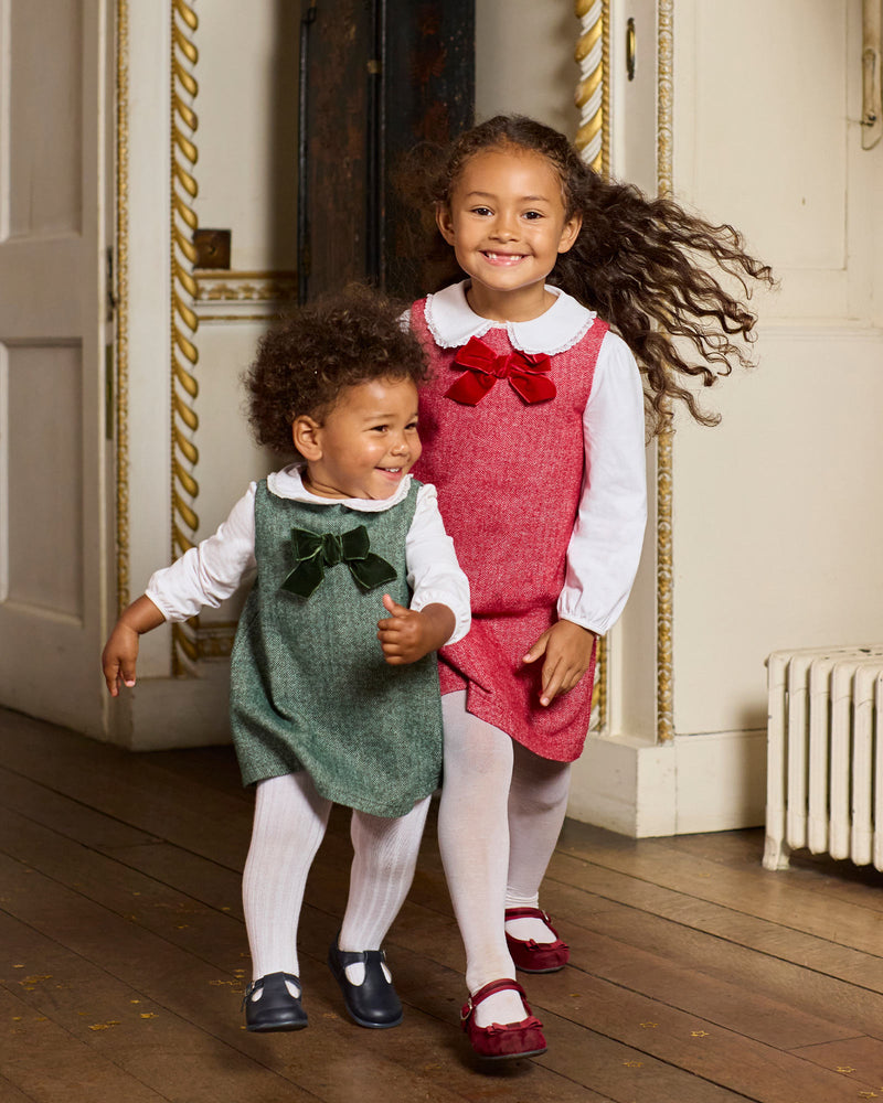 Baby Georgina Bow Dress in Green Herringbone
