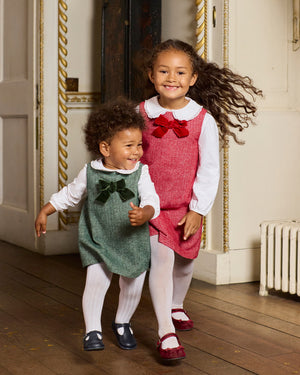 Baby Georgina Bow Dress in Green Herringbone