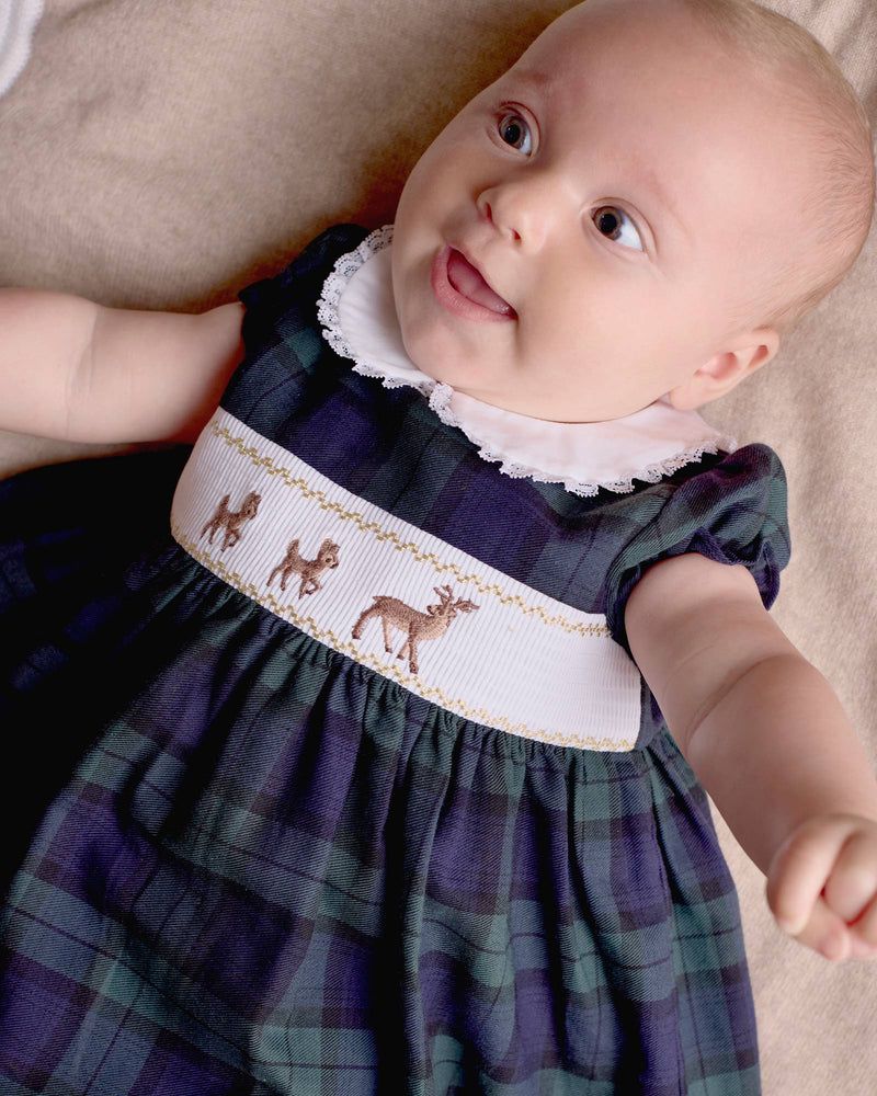 Baby Reindeer Smocked Dress in Navy Plaid