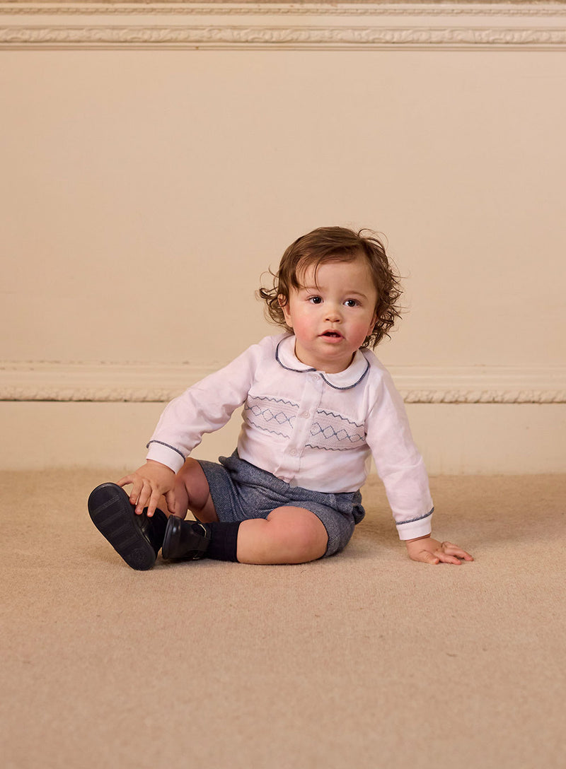 The Rupert Smocked Set in White/Blue Herringbone