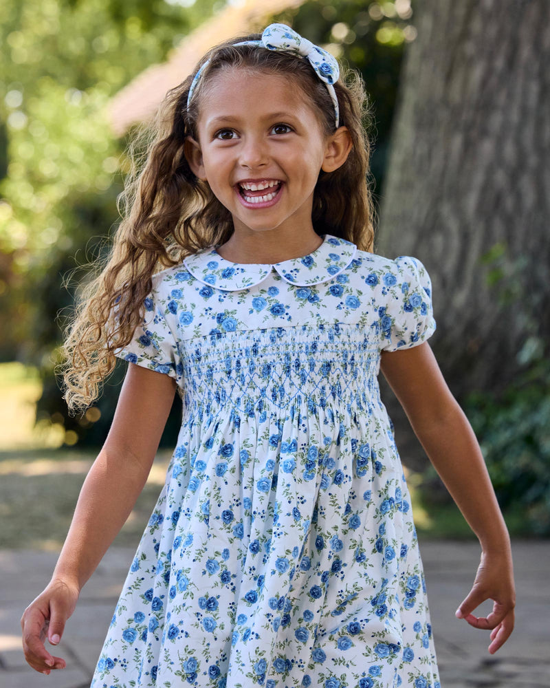 Arabella Rose Floral Smocked Dress in Blue