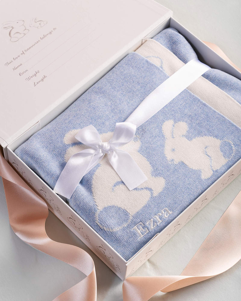 Knitted Bunny Blanket in Pale Blue