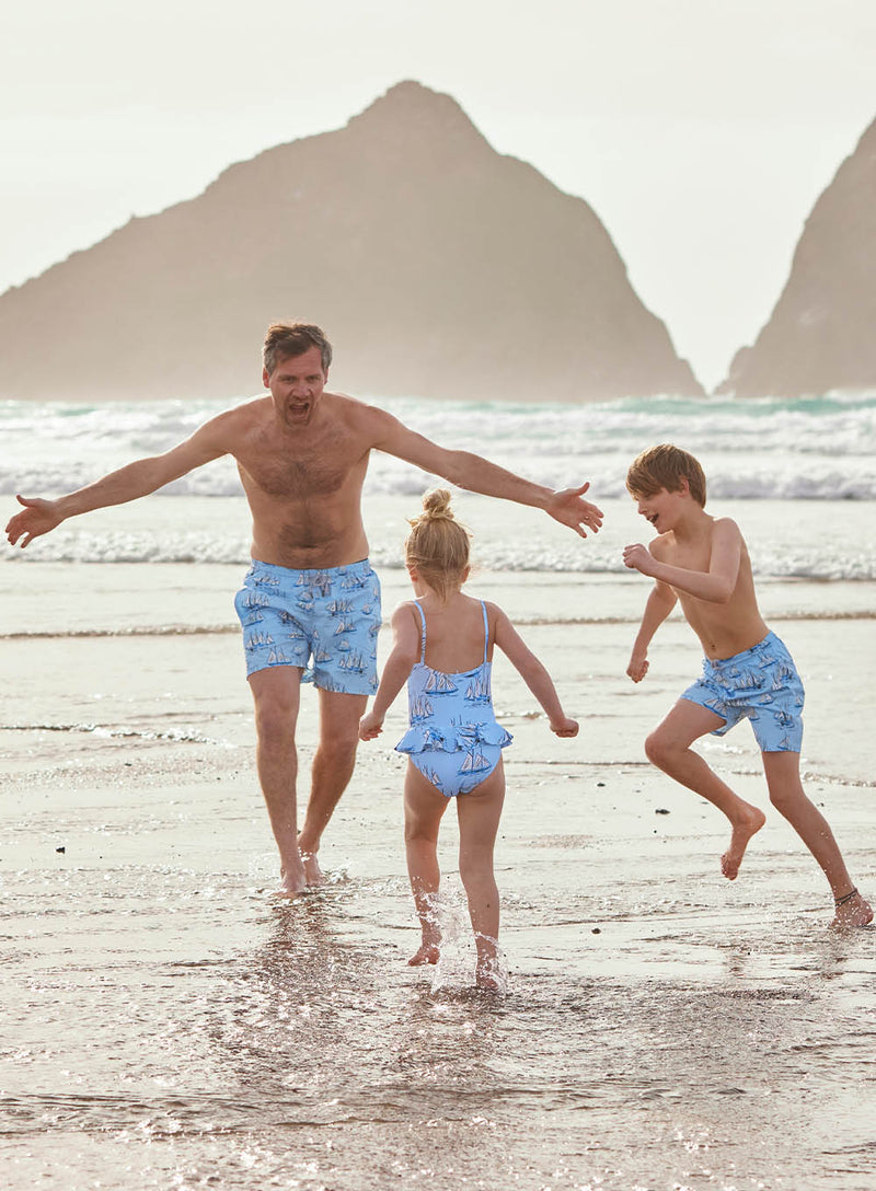 Mens Daddy & Me Swimshorts in Blue Sailboat