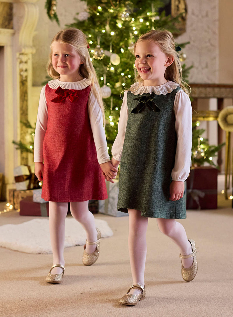 Georgina Bow Dress in Green Herringbone