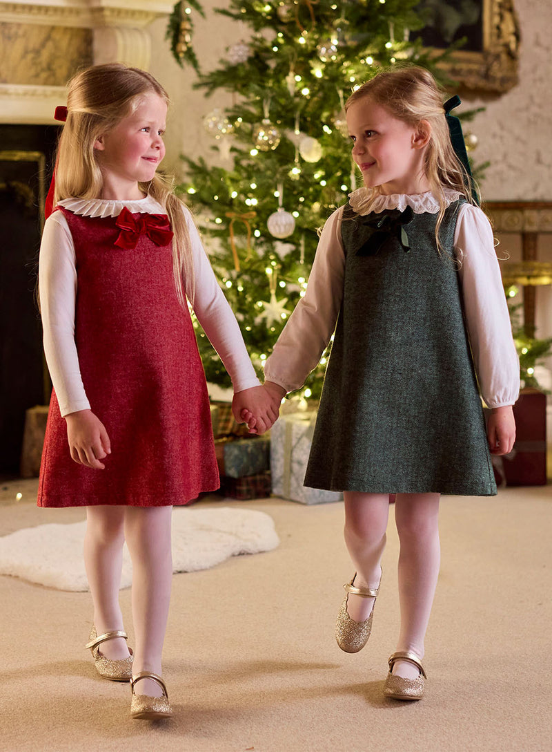 Georgina Bow Dress in Green Herringbone