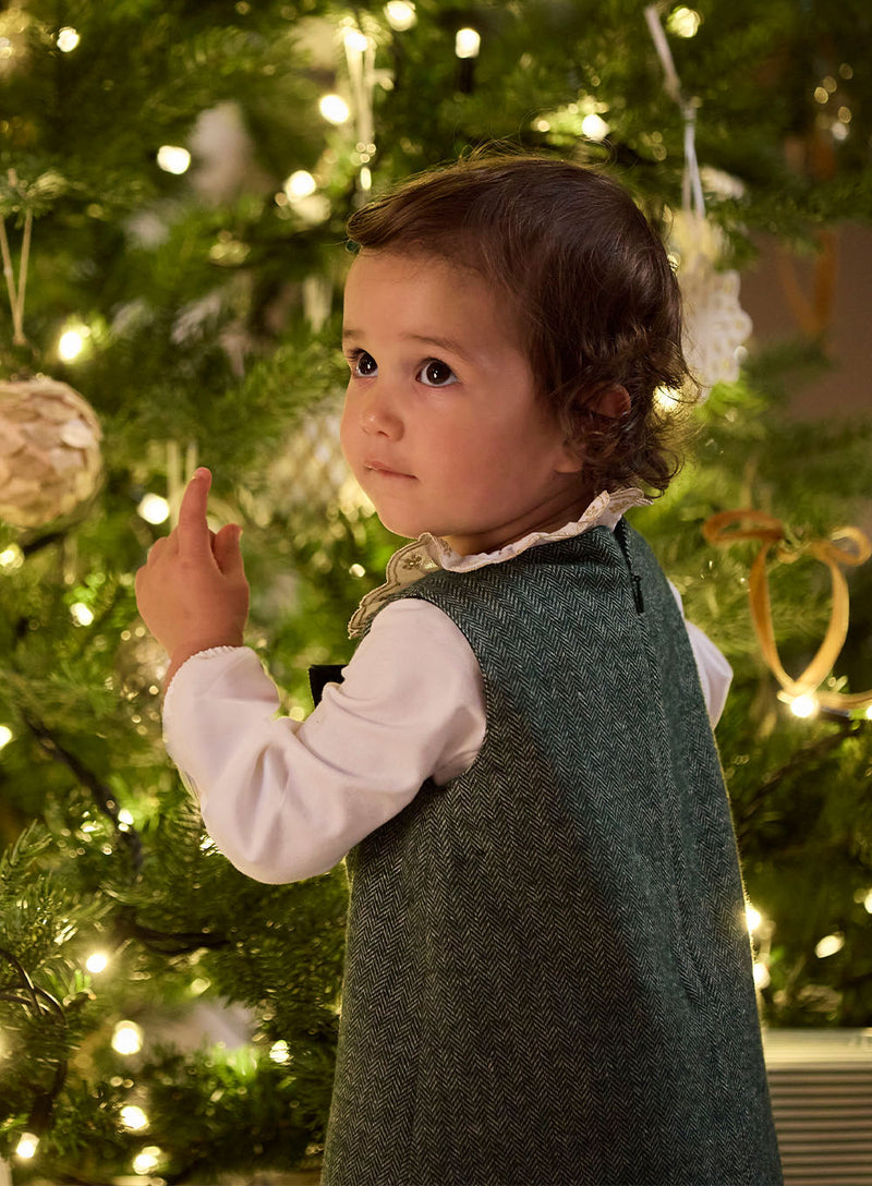 Baby Georgina Bow Dress in Green Herringbone