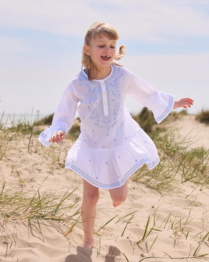 Embroidered Kaftan in White/Blue
