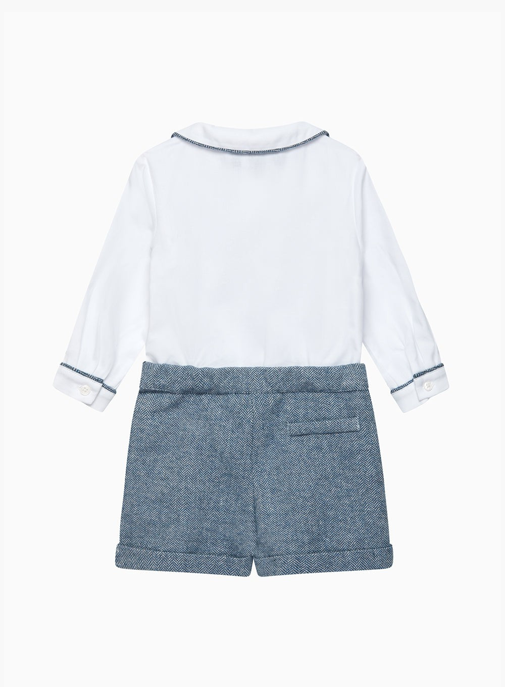 Trotters Heritage Set The Rupert Smocked Set in White/Blue Herringbone
