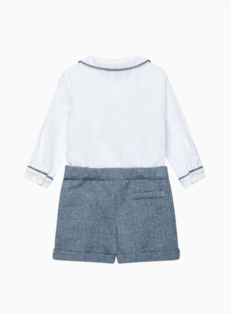 Trotters Heritage Set The Rupert Smocked Set in White/Blue Herringbone