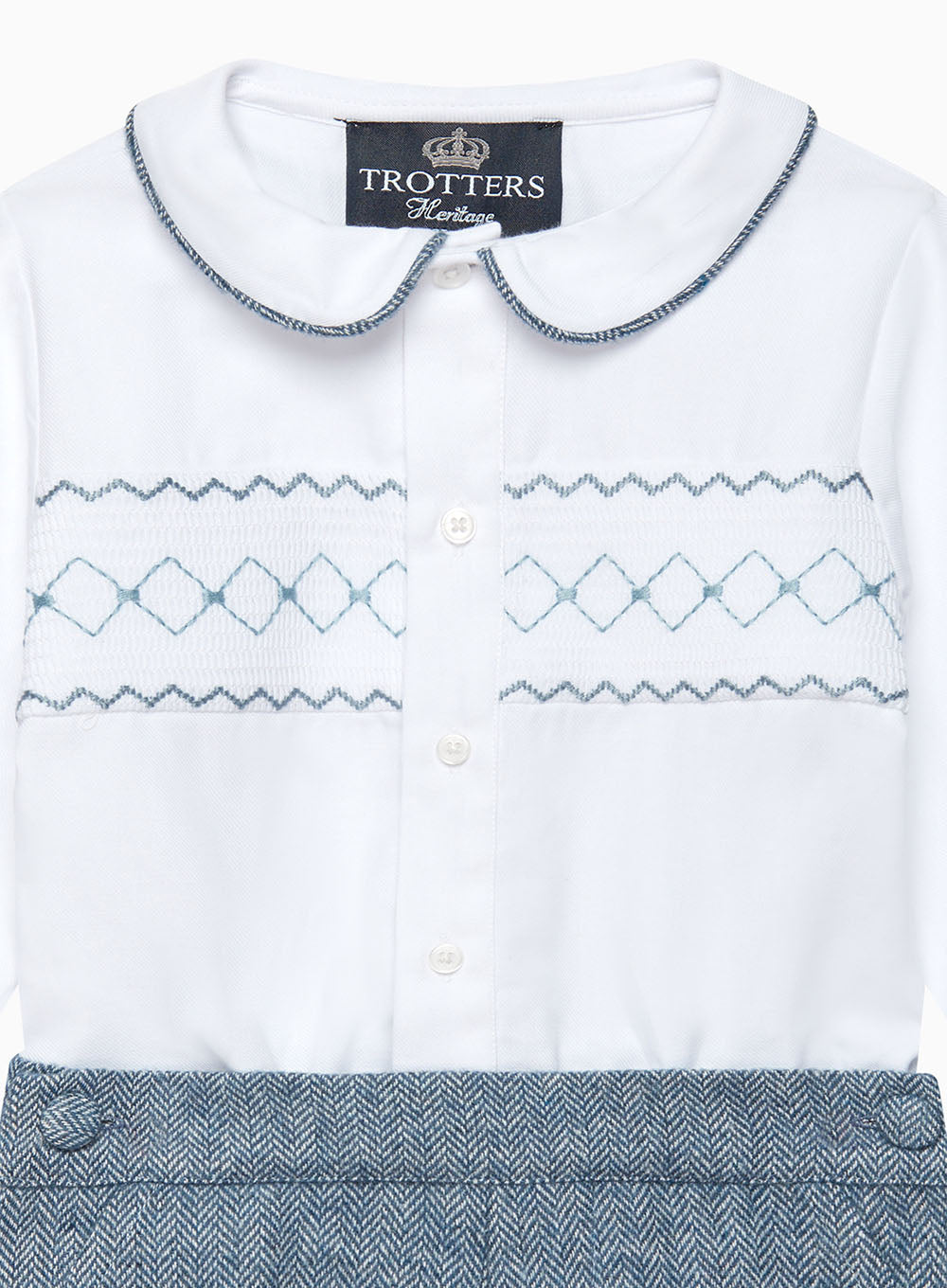 Trotters Heritage Set The Rupert Smocked Set in White/Blue Herringbone