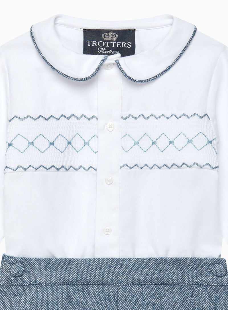 Trotters Heritage Set The Rupert Smocked Set in White/Blue Herringbone