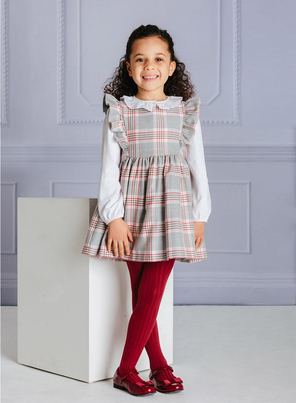 Girls Lula Check Ruffle Dress in Grey Check | Trotters – Trotters