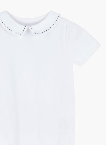 Little Short-Sleeved Monty Stitch Bodysuit in White/Navy
