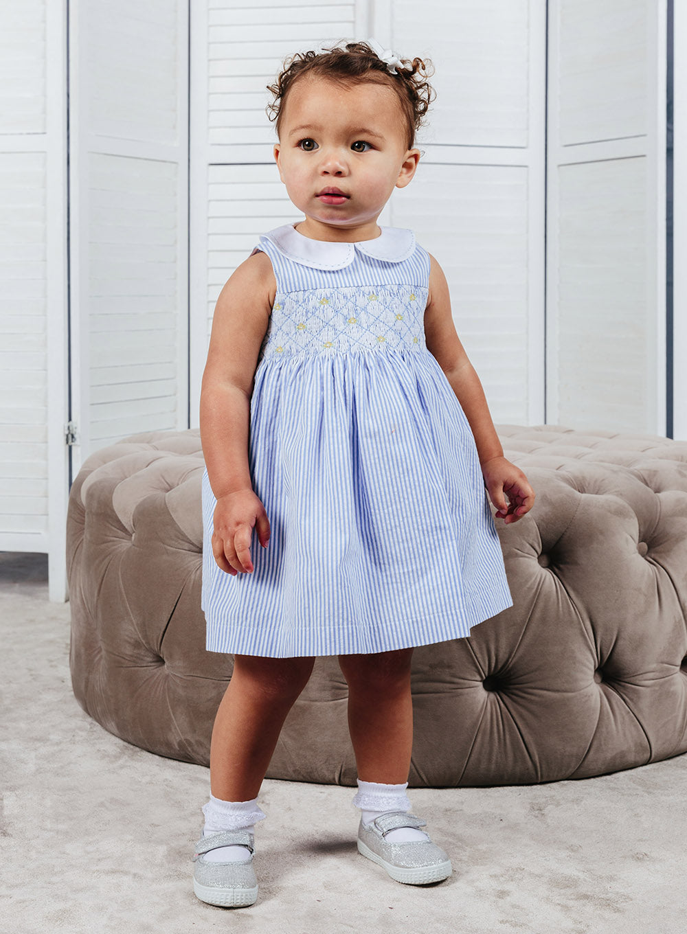 Little Leonore Smocked Dress in Blue Stripe