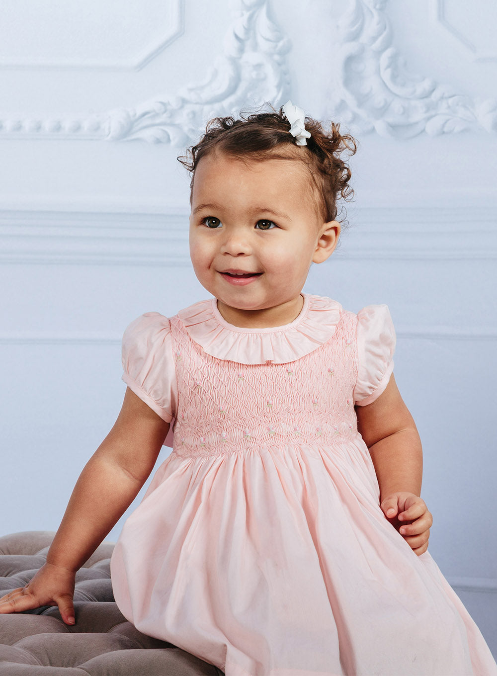 Baby Girls Hand Smocked Dress with Collar in Pink