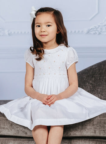Willow Rose Hand Smocked Dress in White