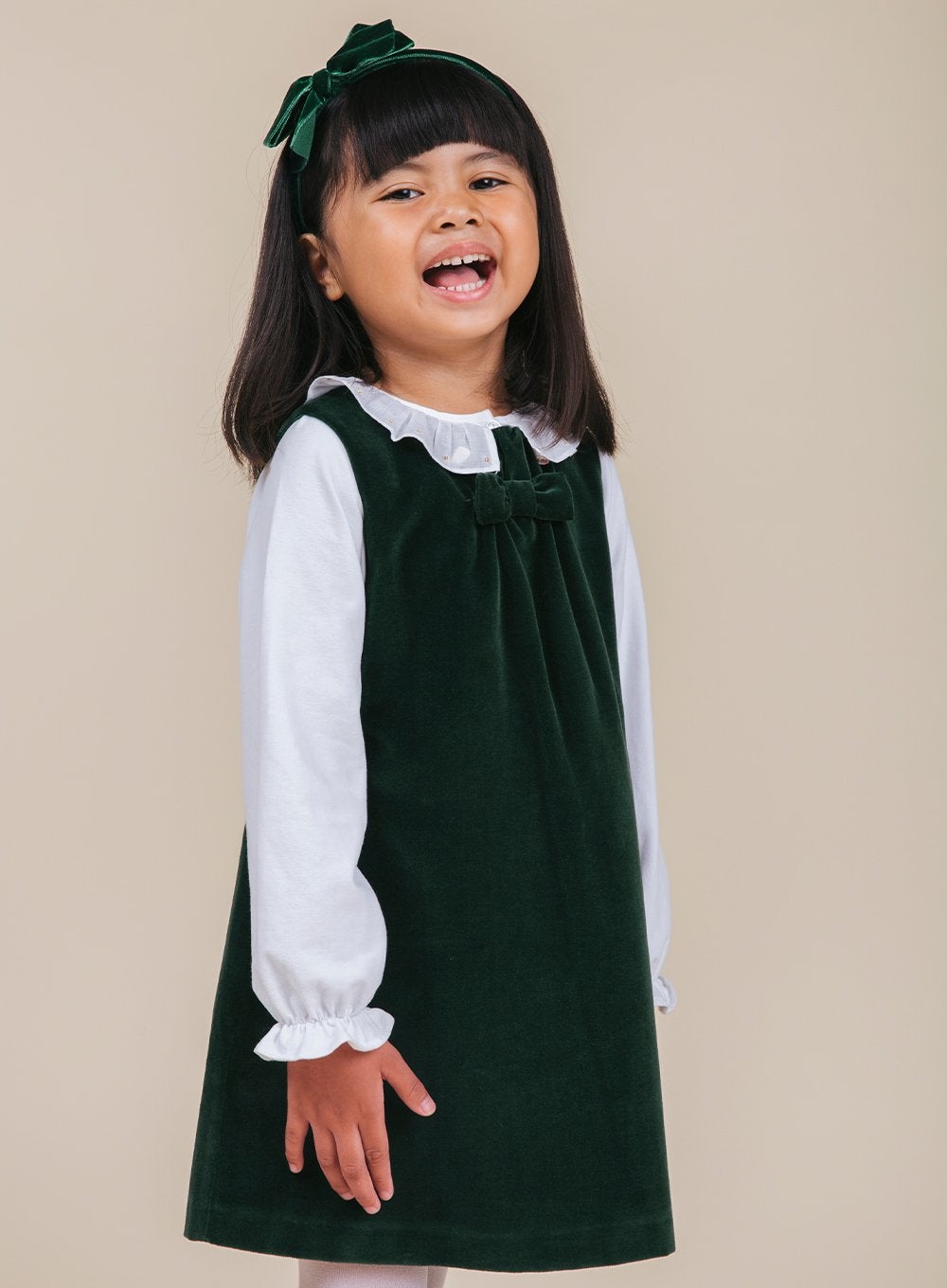 Confiture Dress Emerald Velvet Pinafore - Trotters Childrenswear