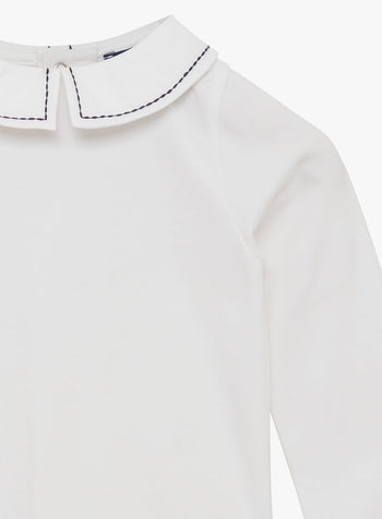 Little Long Sleeved Monty Stitched Bodysuit in White Navy