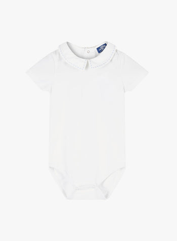 Little Short-Sleeved Monty Stitch Bodysuit in White/Pale Blue